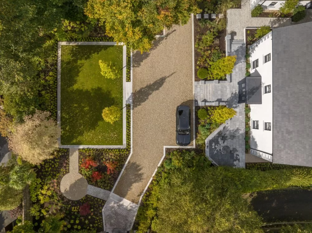 Aerial view of completed residential garden design in Co. Clare